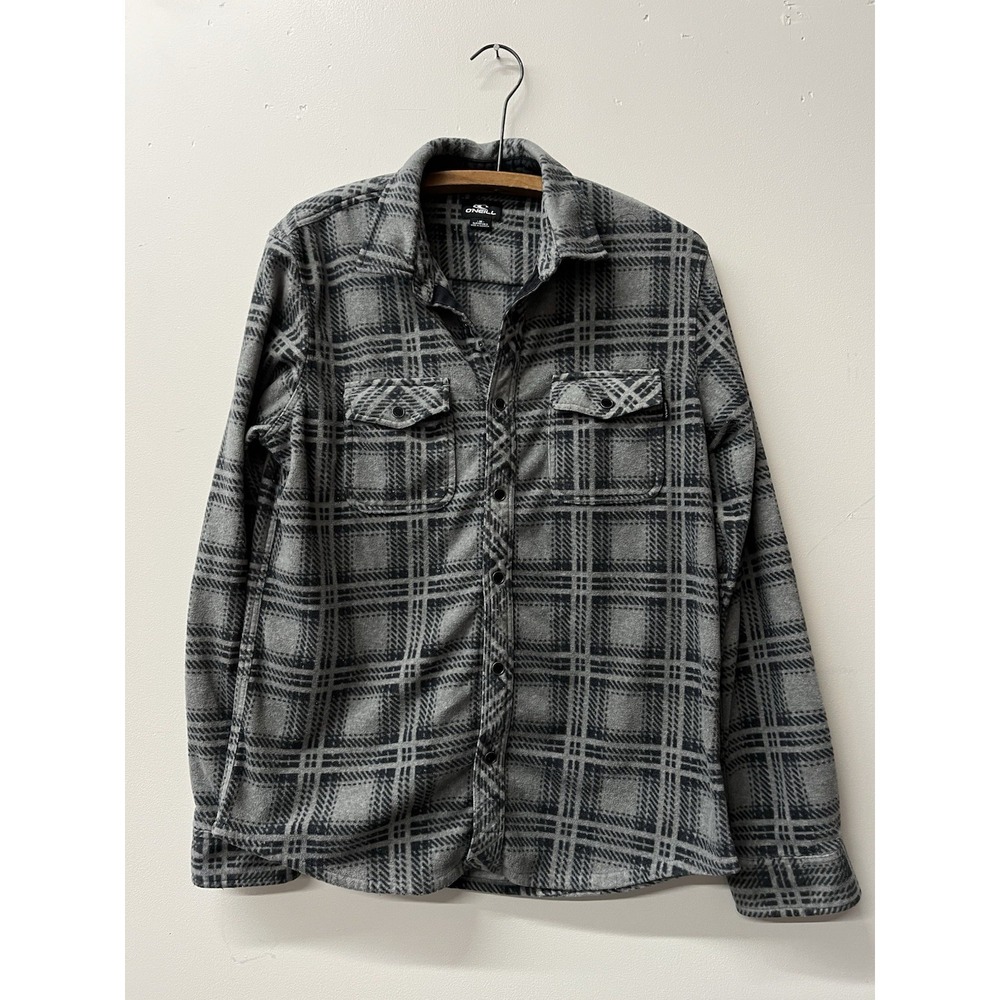 O'Neill Shirt Mens Medium Grey Plaid Super Fleece Snap Button Overshirt Surf